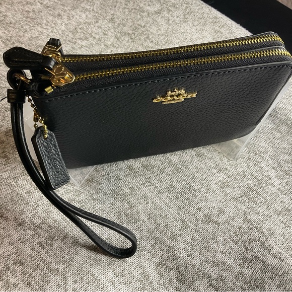 Coach Handbags - Coach Double Corner Zip Black Wristlet with Gold Zippers clutch